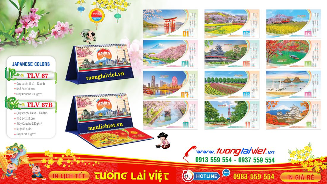 Mẫu Lịch Bàn 13 Tờ Sắc Màu Nhật Bản